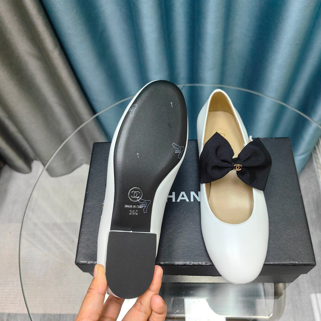 Chanel Mary Jane Shoes White Sheepskin with Black Bow