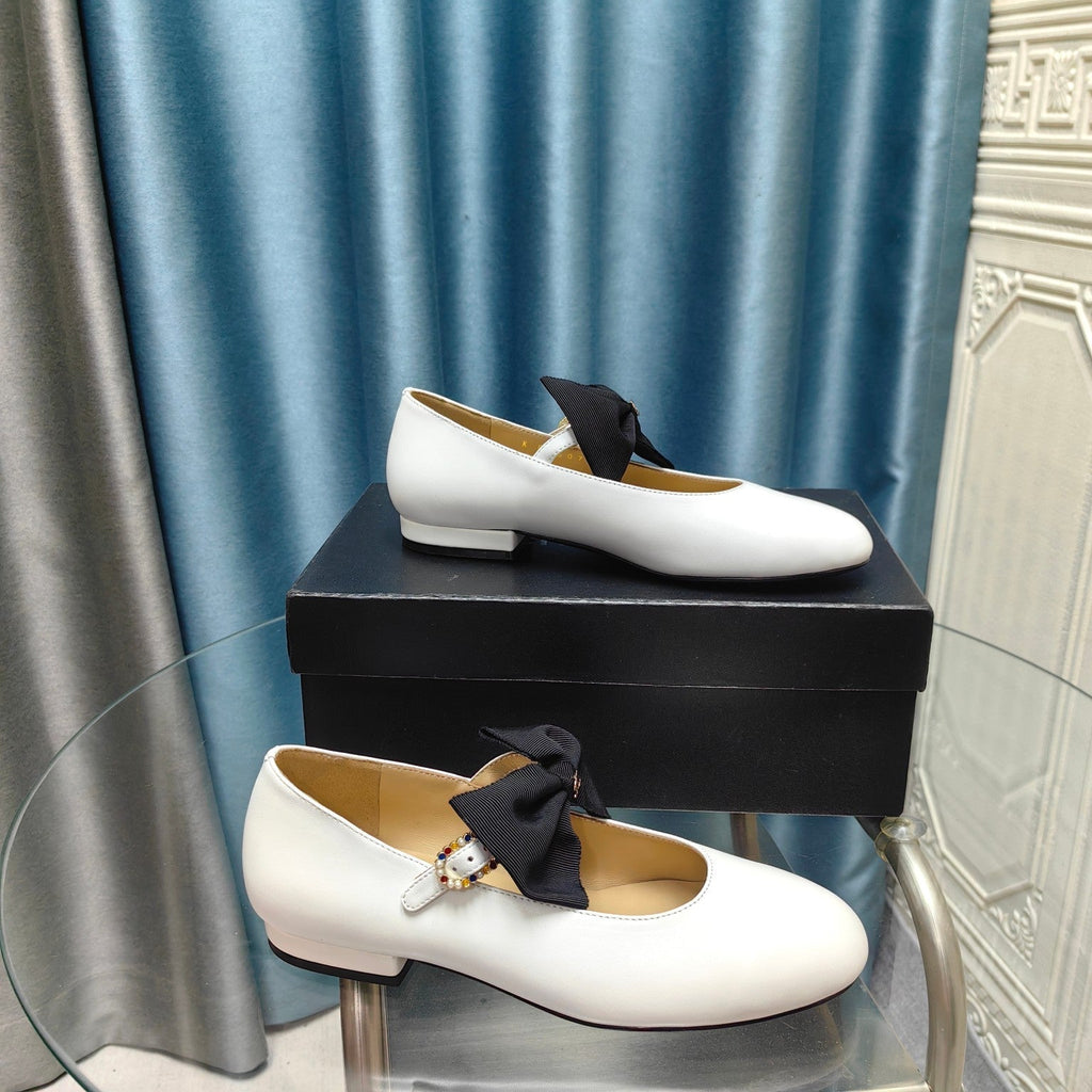 Chanel Mary Jane Shoes White Sheepskin with Black Bow