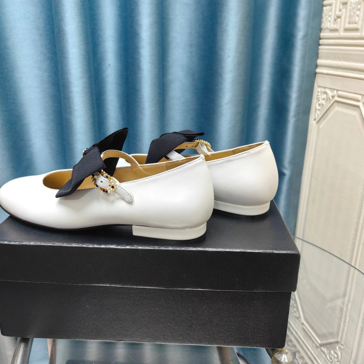 Chanel Mary Jane Shoes White Sheepskin with Black Bow