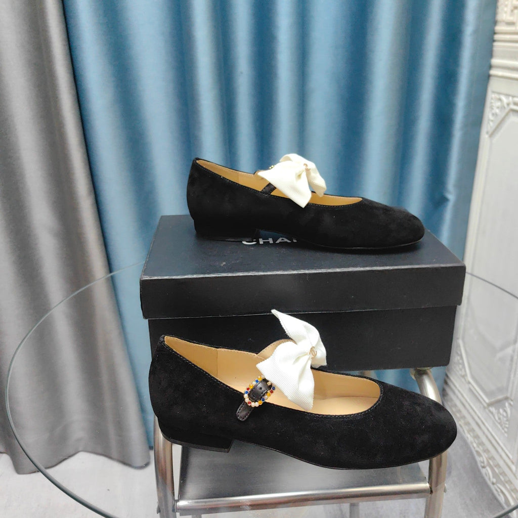 Chanel Mary Jane Shoes Black Suede with White Bow