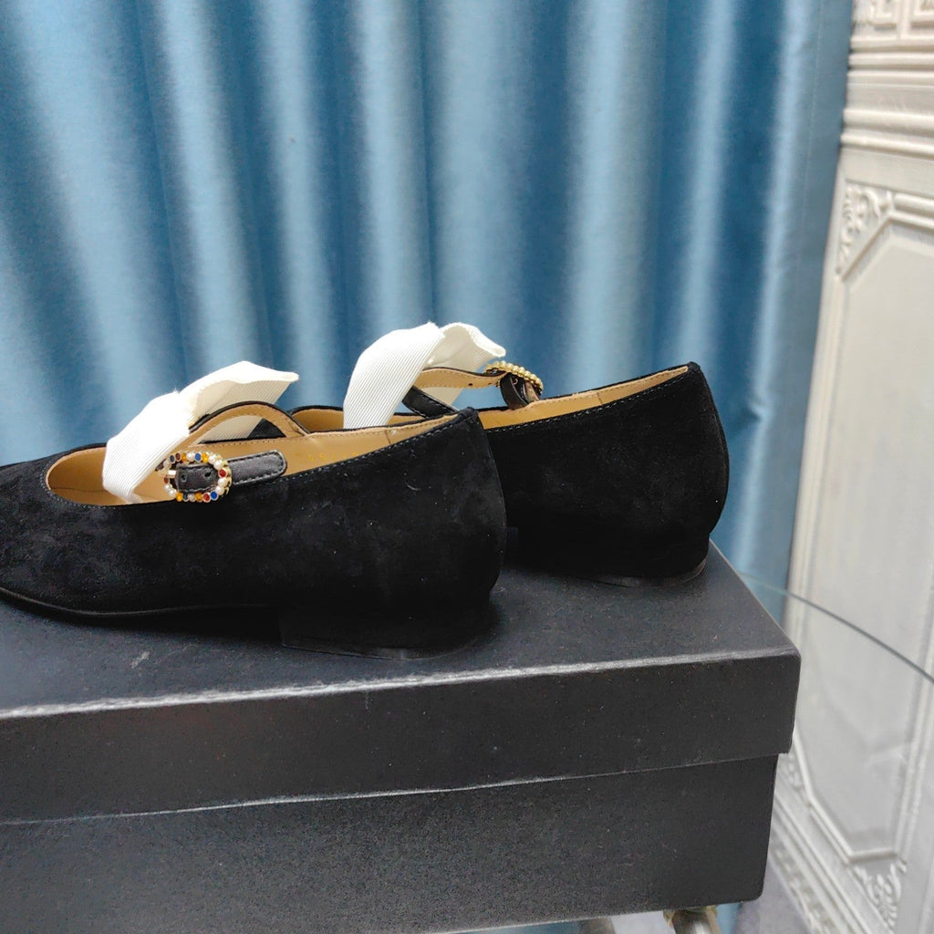 Chanel Mary Jane Shoes Black Suede with White Bow