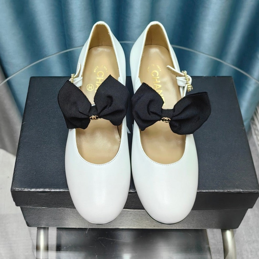 Chanel High Mary Jane Shoes White Sheepskin with Black Bow
