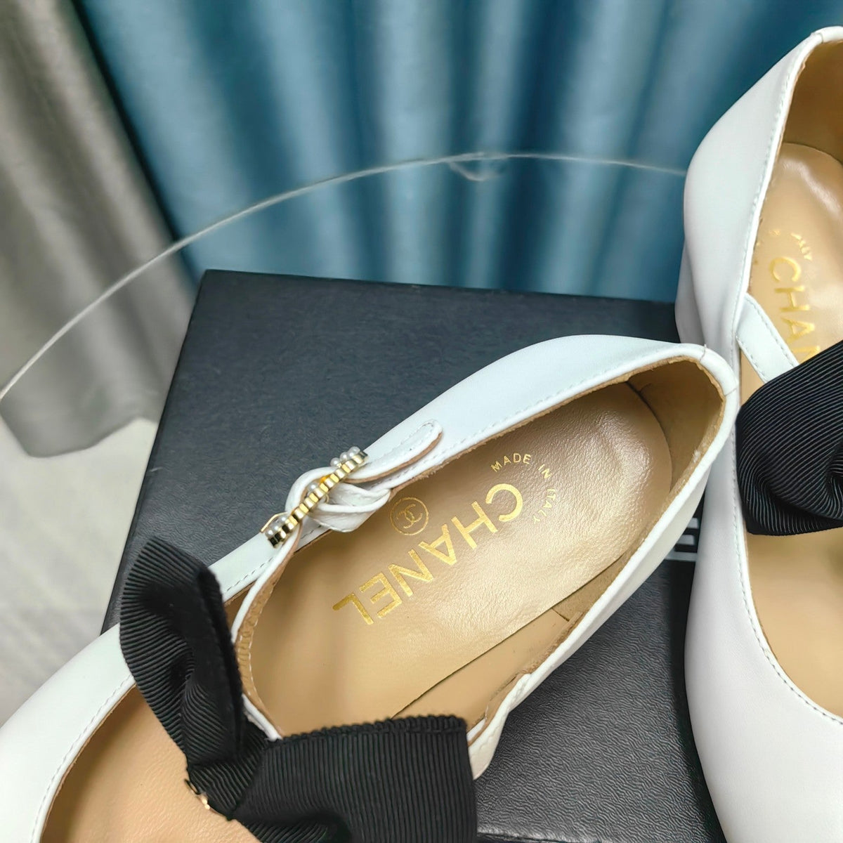 Chanel High Mary Jane Shoes White Sheepskin with Black Bow