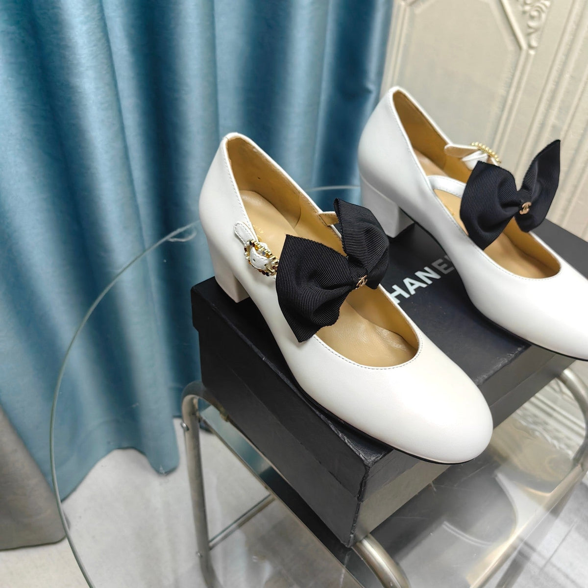 Chanel High Mary Jane Shoes White Sheepskin with Black Bow
