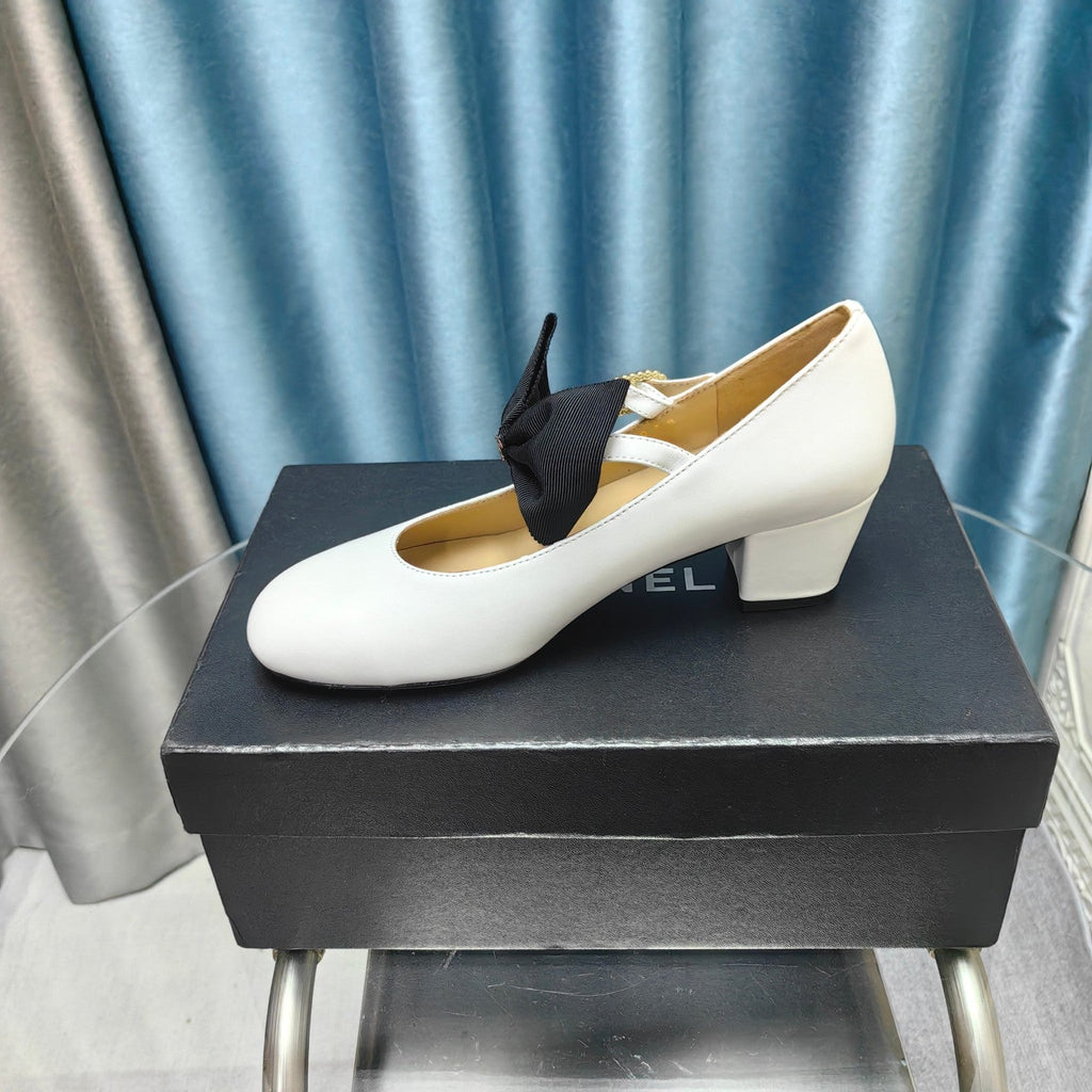 Chanel High Mary Jane Shoes White Sheepskin with Black Bow