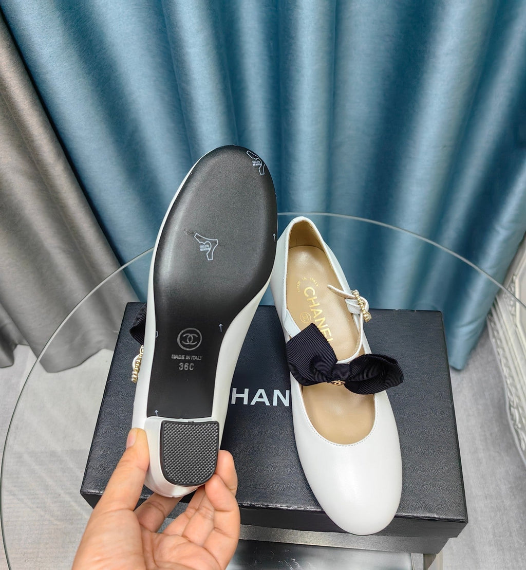 Chanel High Mary Jane Shoes White Sheepskin with Black Bow