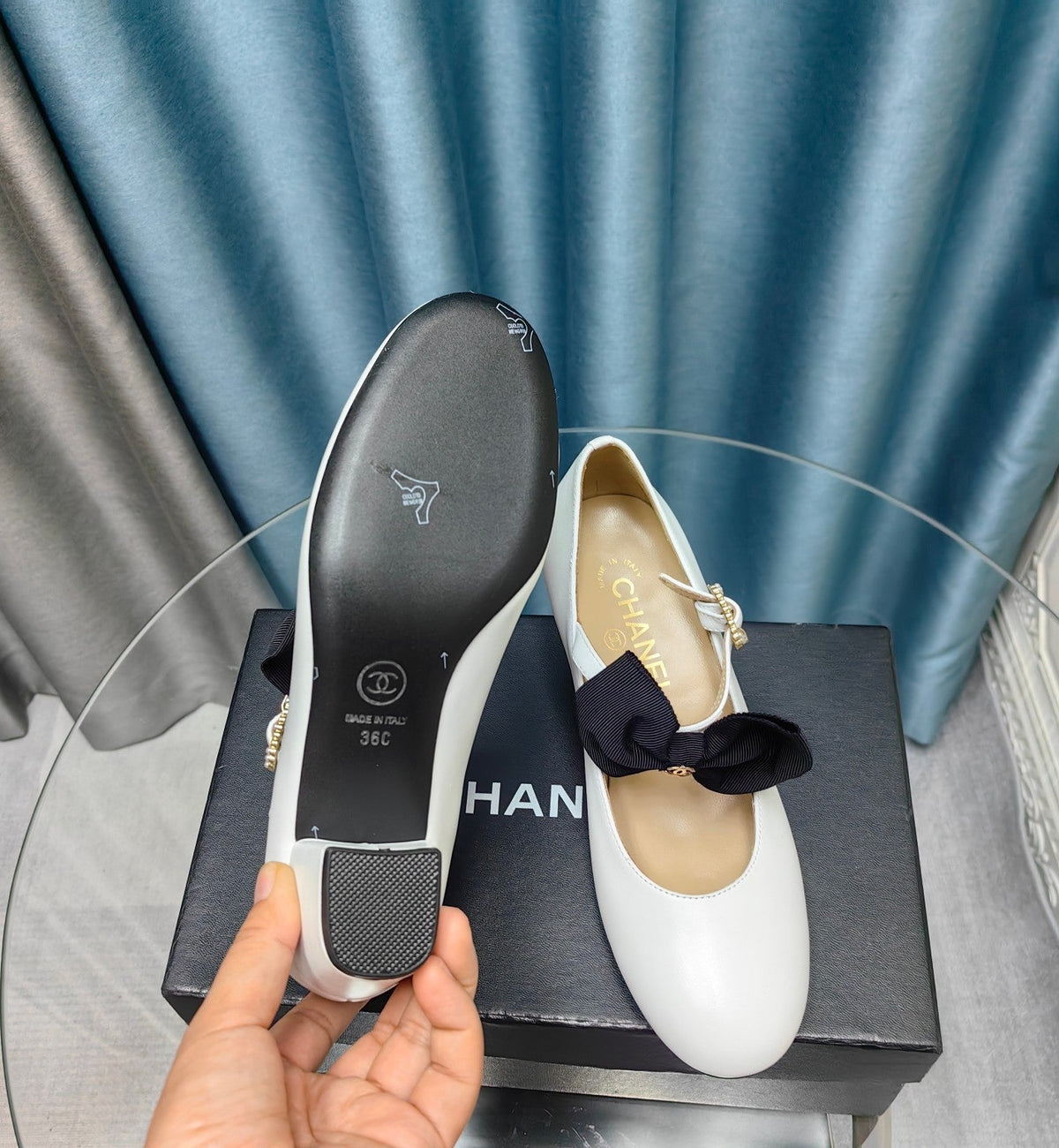 Chanel High Mary Jane Shoes White Sheepskin with Black Bow