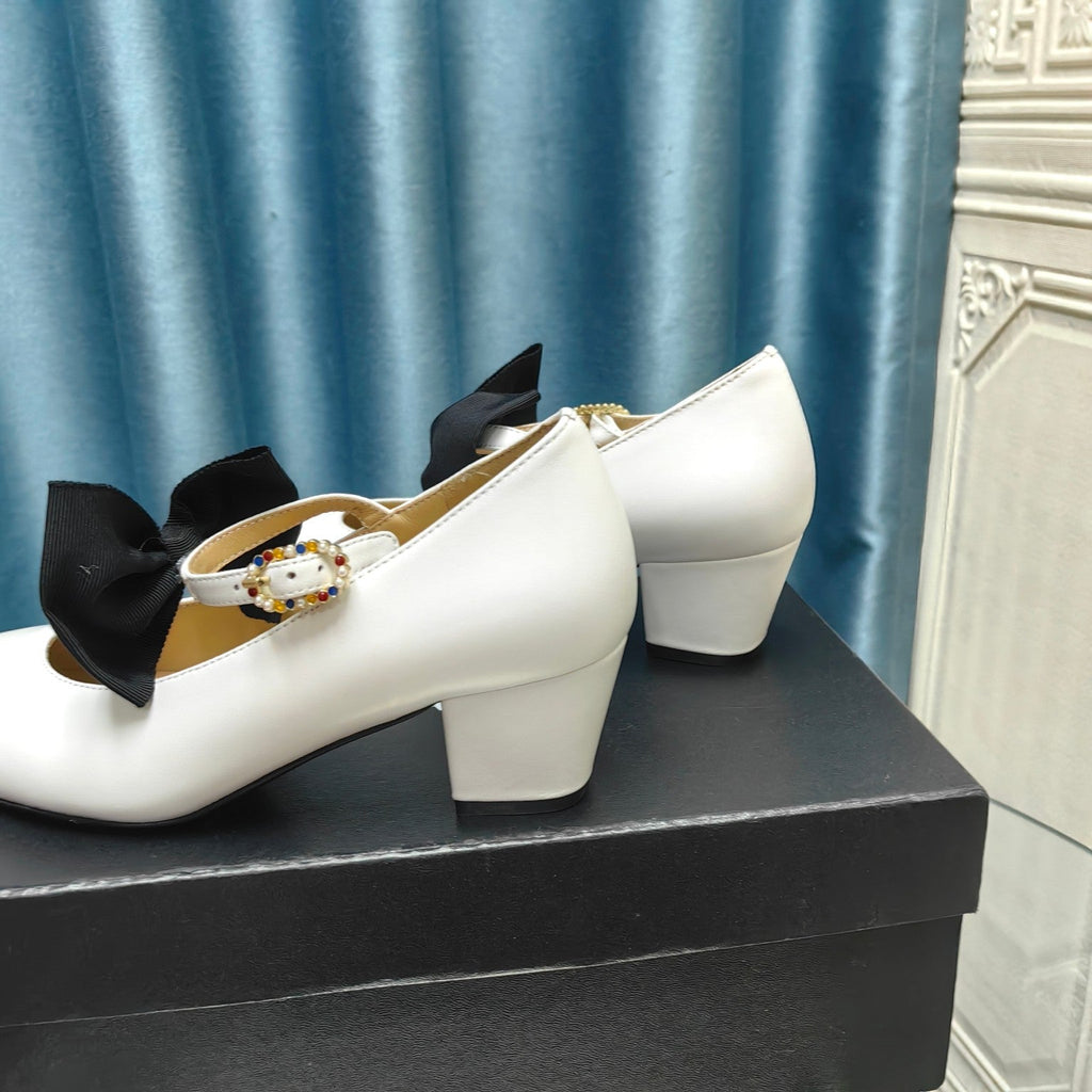 Chanel High Mary Jane Shoes White Sheepskin with Black Bow