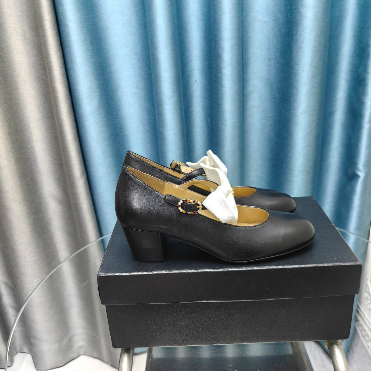 Chanel High Mary Jane Shoes Black Sheepskin with White Bow