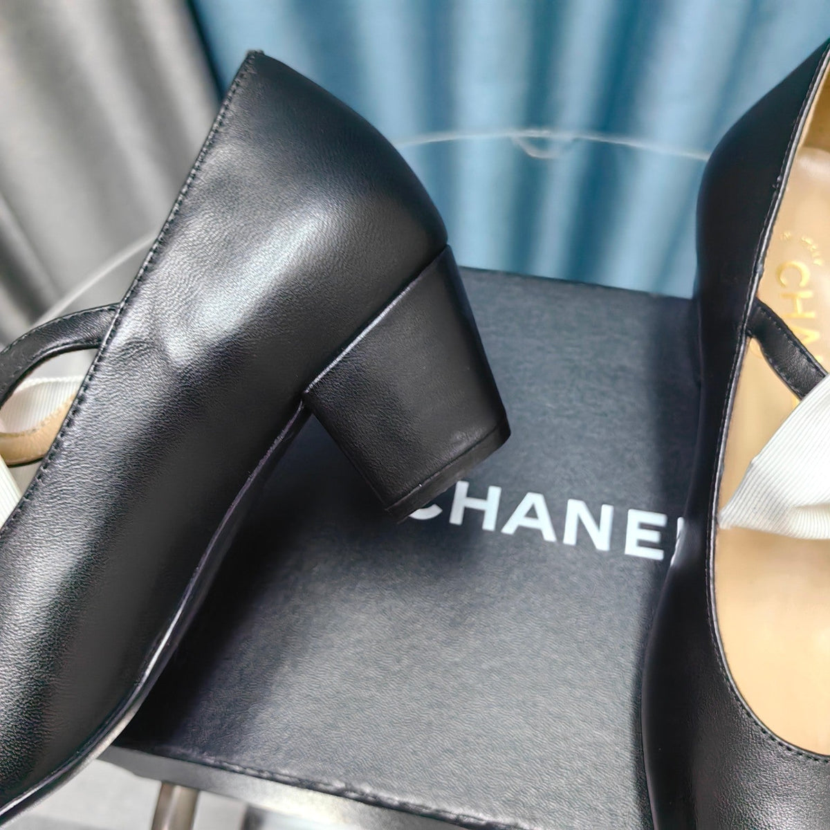Chanel High Mary Jane Shoes Black Sheepskin with White Bow