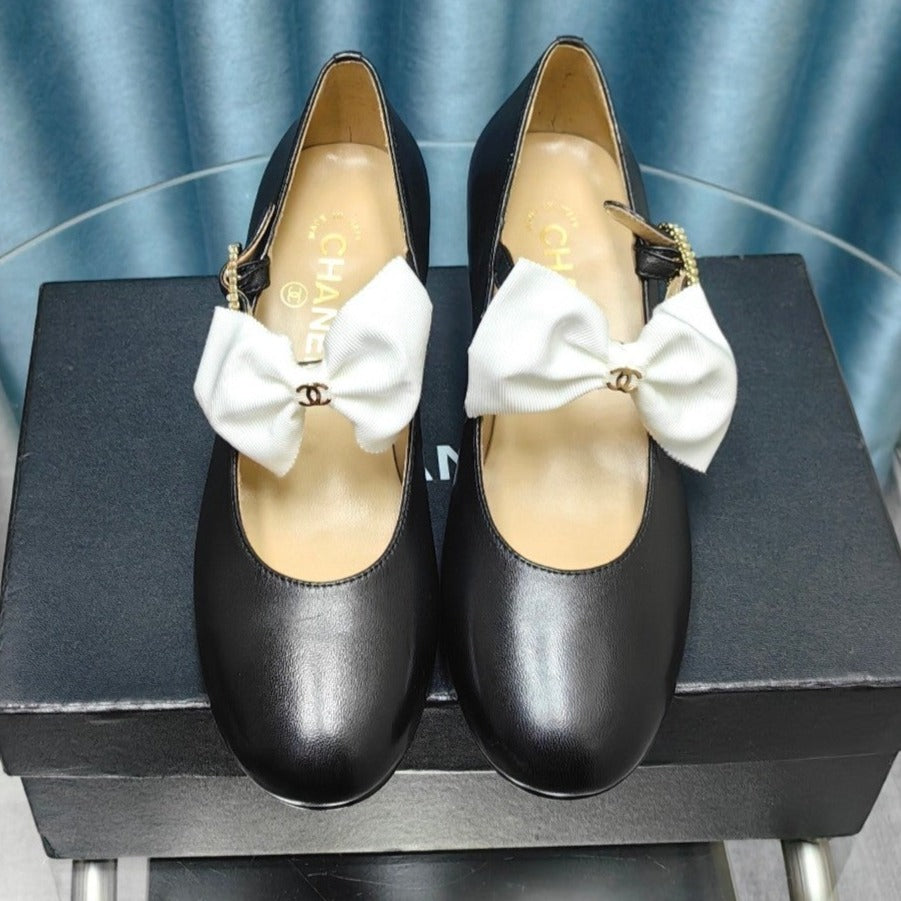 Chanel High Mary Jane Shoes Black Sheepskin with White Bow