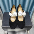 Chanel High Mary Jane Shoes Black Suede with White Bow