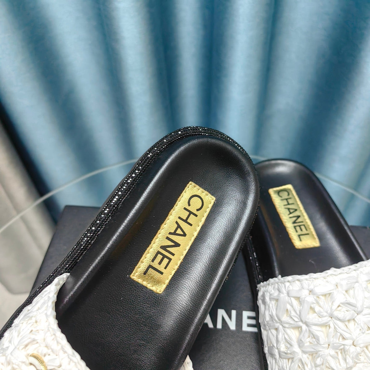 Chanel Knit Slippers in Light Pink Woven Satin and Black Sheepskin