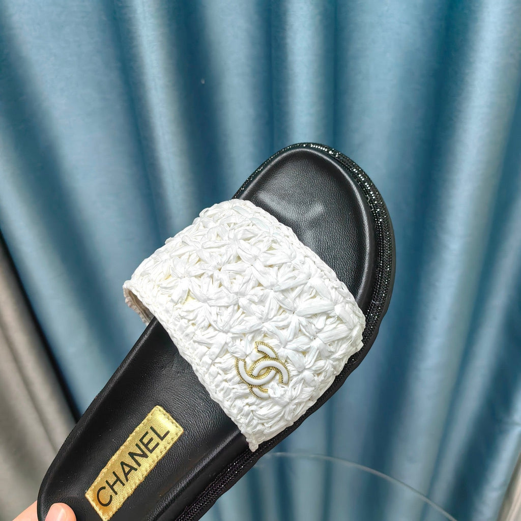 Chanel Knit Slippers in Light Pink Woven Satin and Black Sheepskin