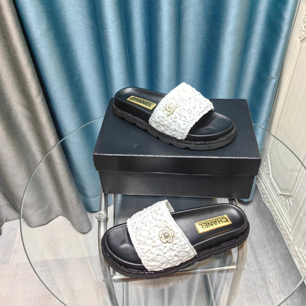 Chanel Knit Slippers in Light Pink Woven Satin and Black Sheepskin