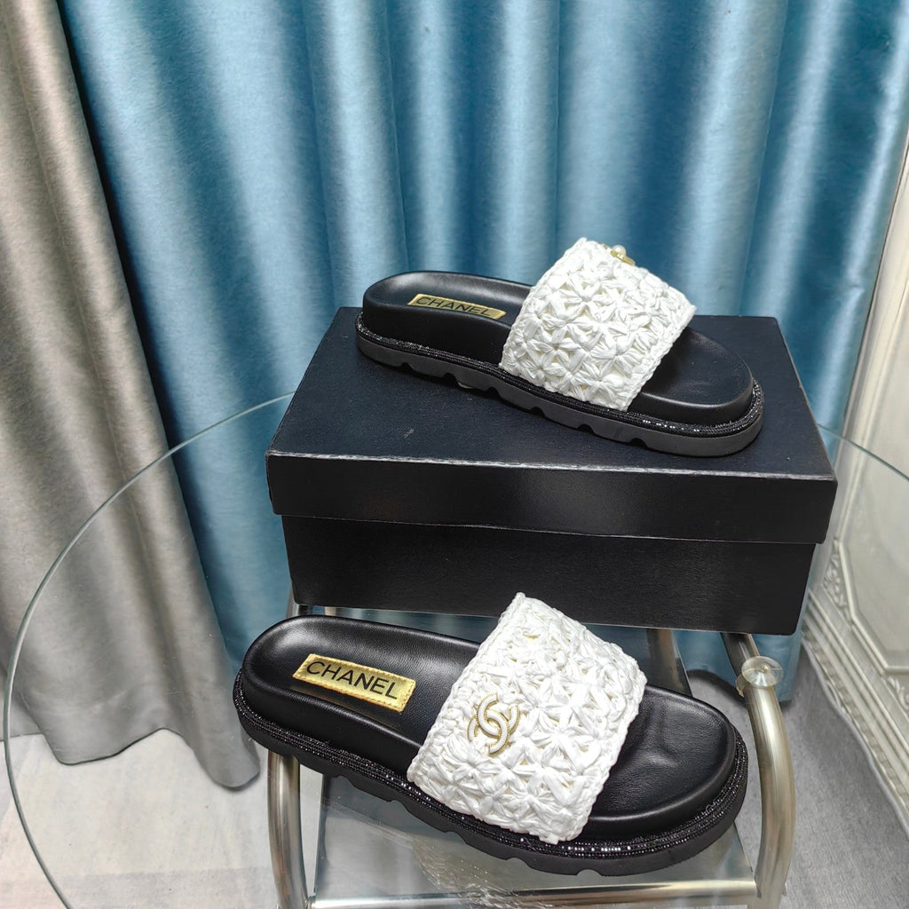 Chanel Knit Slippers in Light Pink Woven Satin and Black Sheepskin