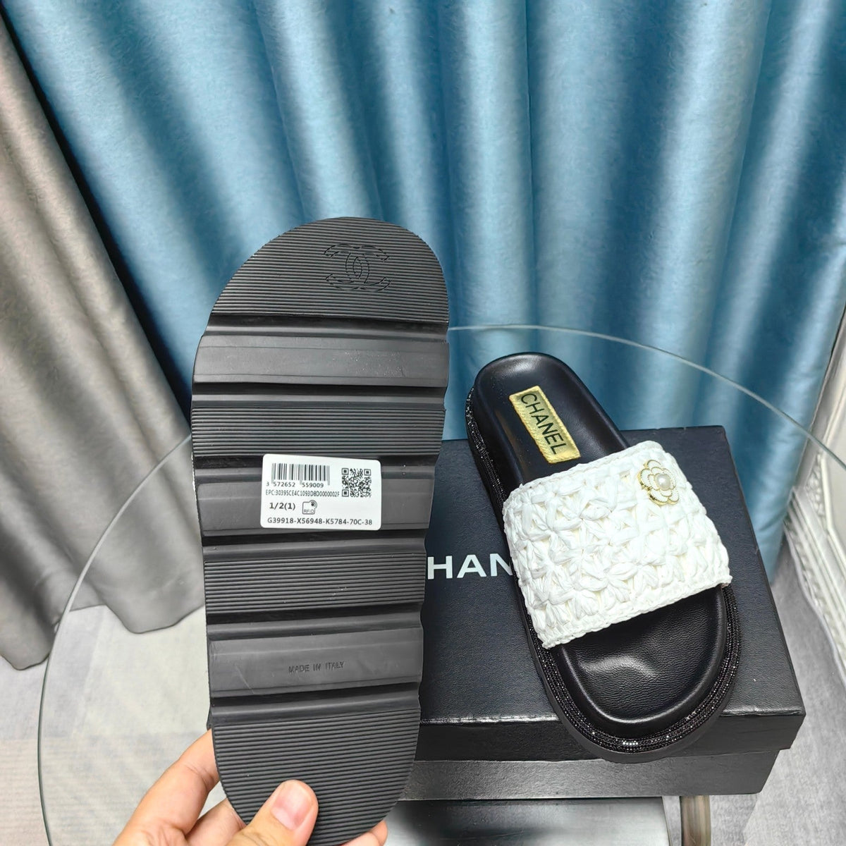 Chanel Knit Slippers in Light Pink Woven Satin and Black Sheepskin