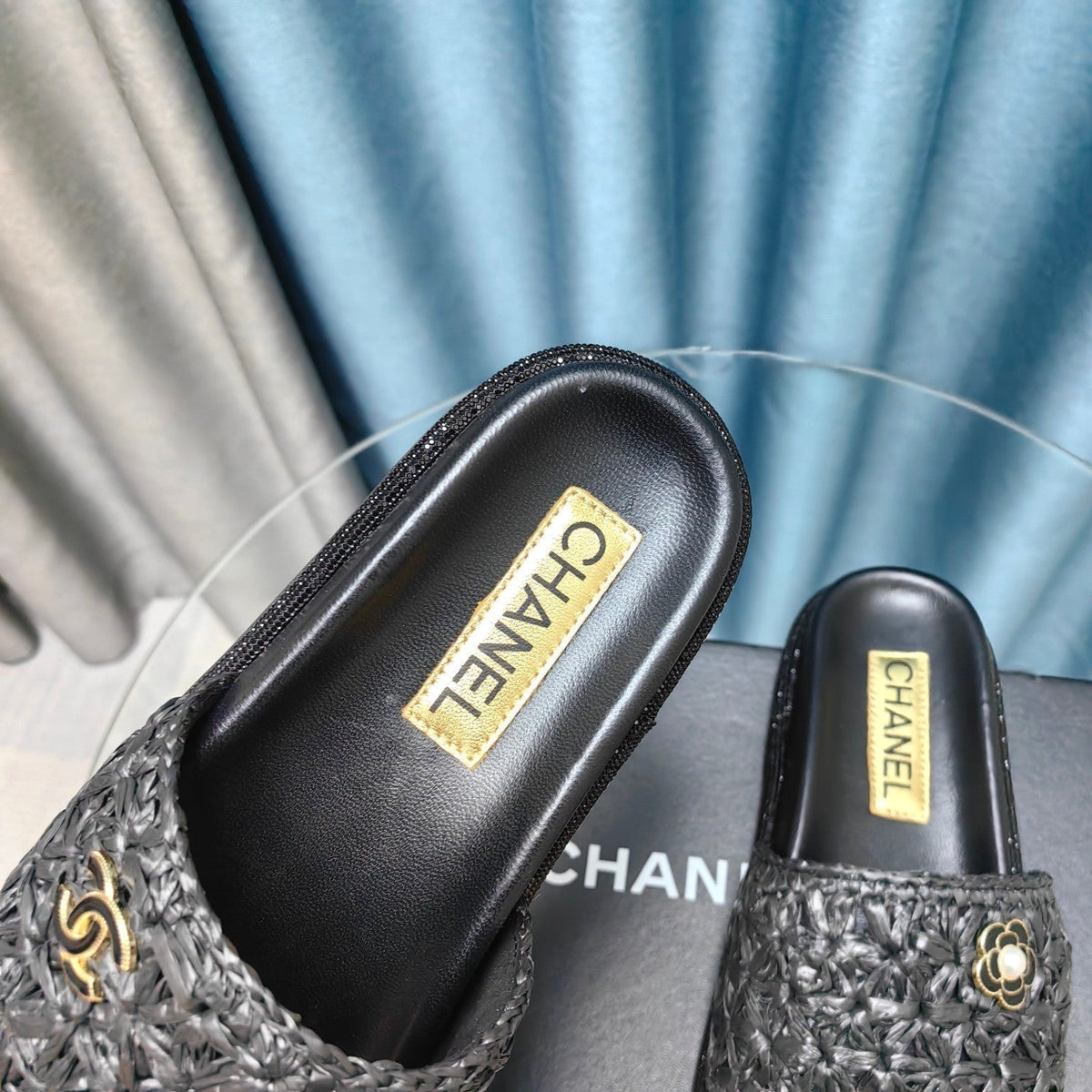 Chanel Knit Slippers in Black Woven Satin and Sheepskin
