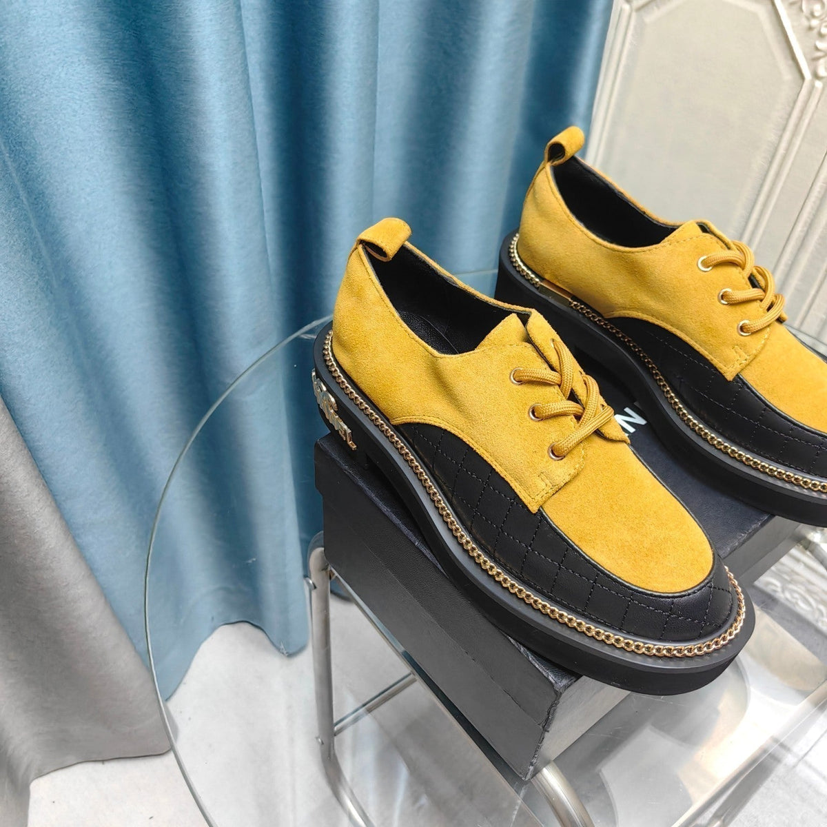 Chanel Oxford Shoes in Gold Yellow Suede and Black Sheepskin
