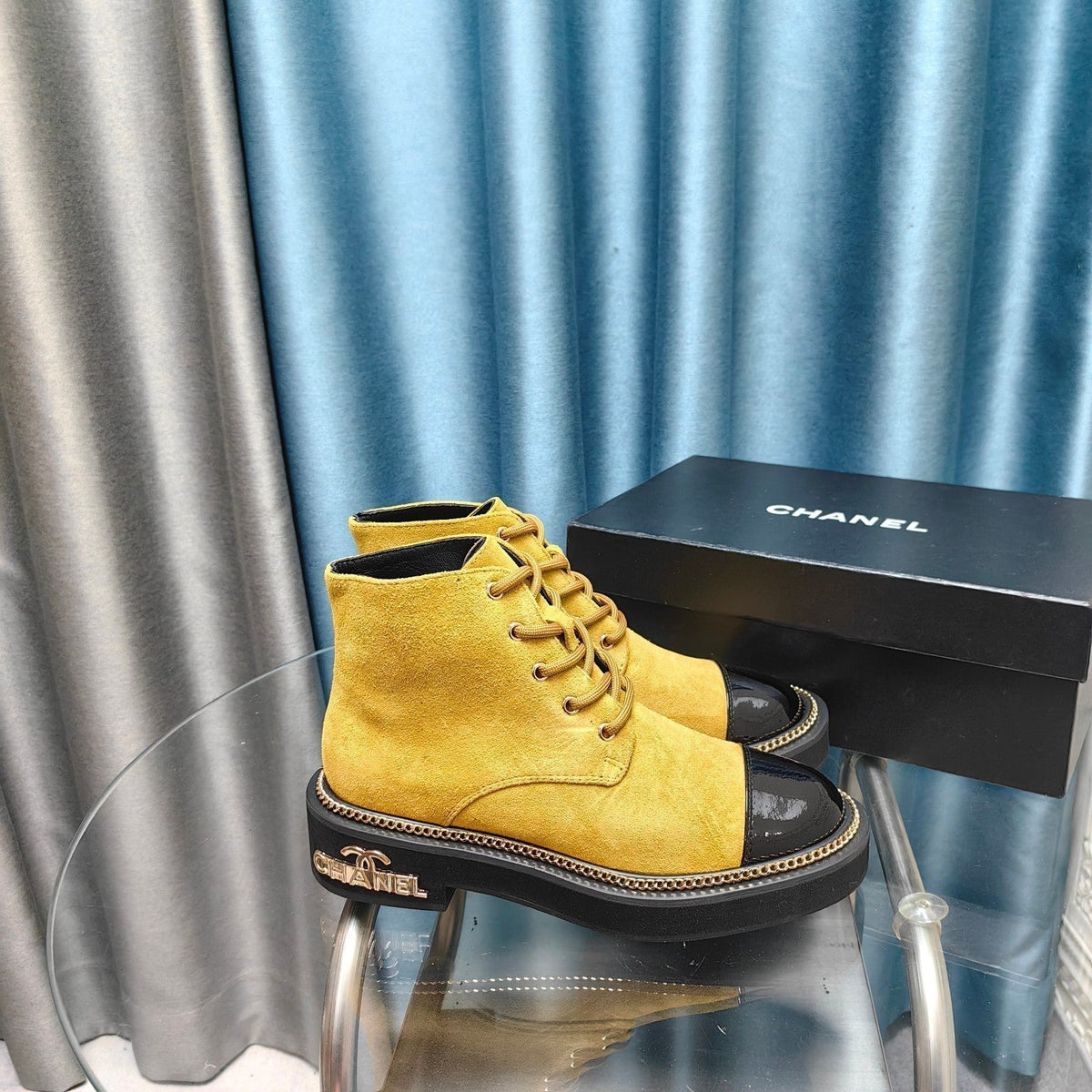 Chanel Short Boots in Gold Yellow Suede and Black Sheepskin