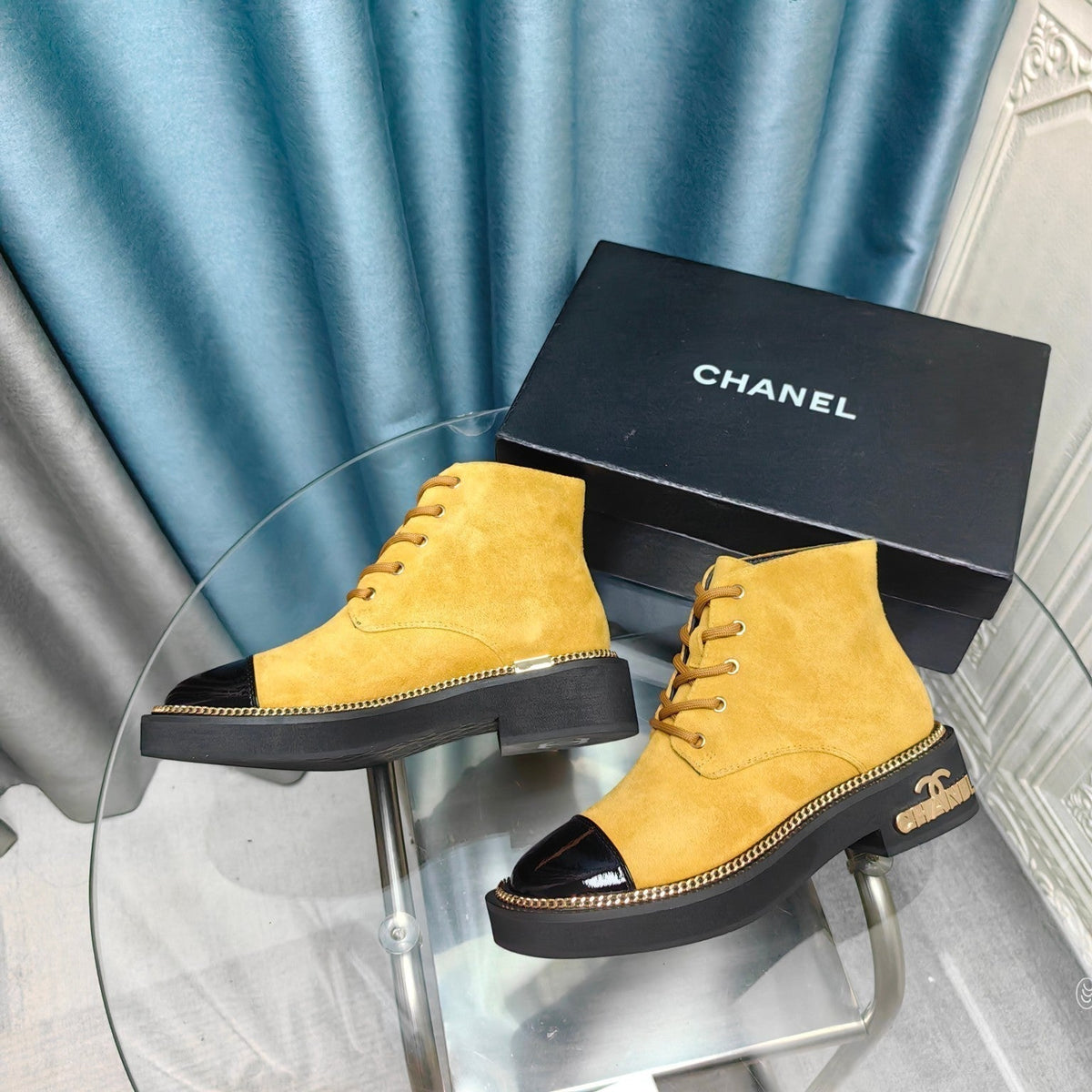 Chanel Short Boots in Gold Yellow Suede and Black Sheepskin