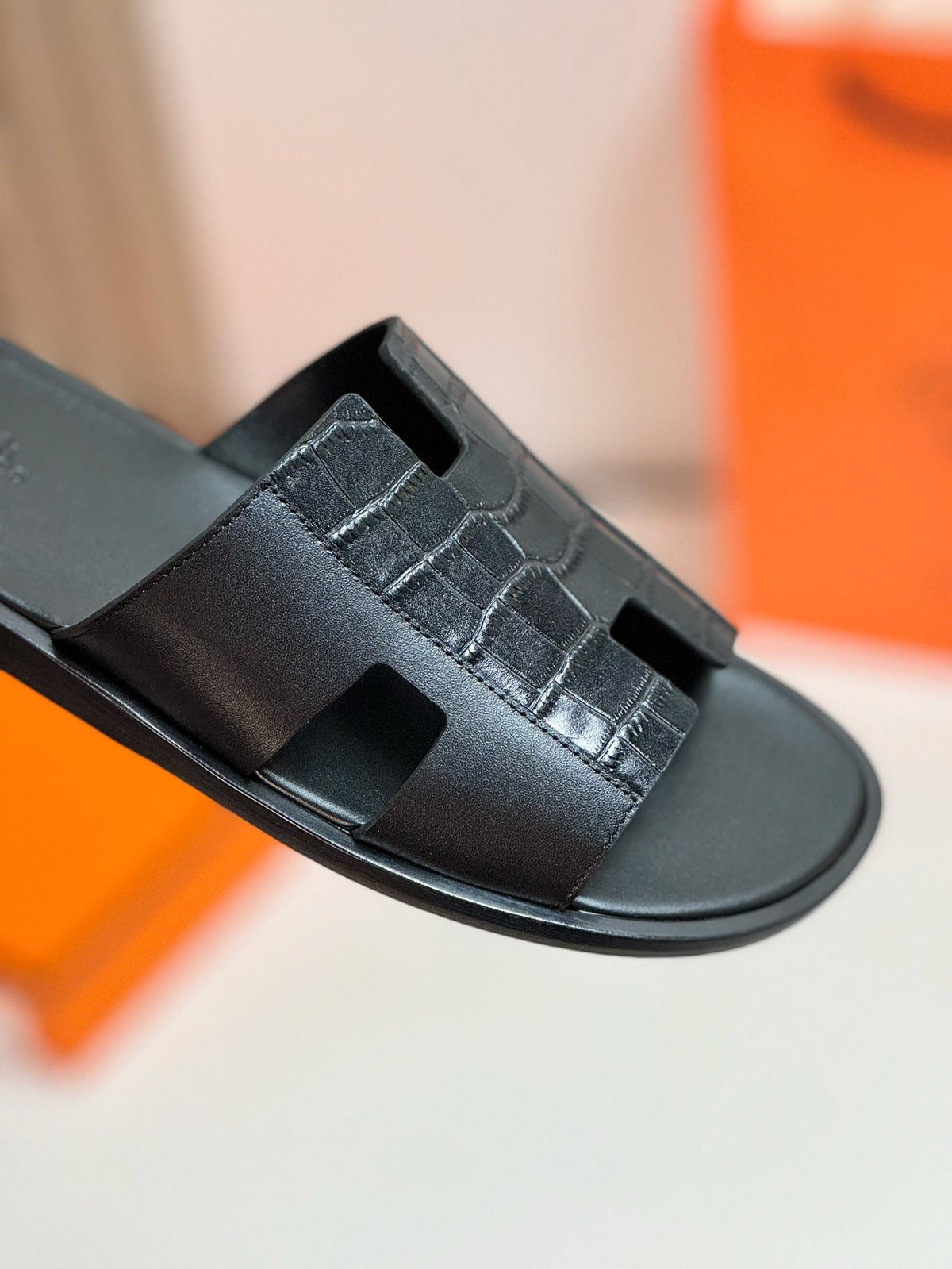 Hermes Izmir Sandal Black Lambskin with Patterns