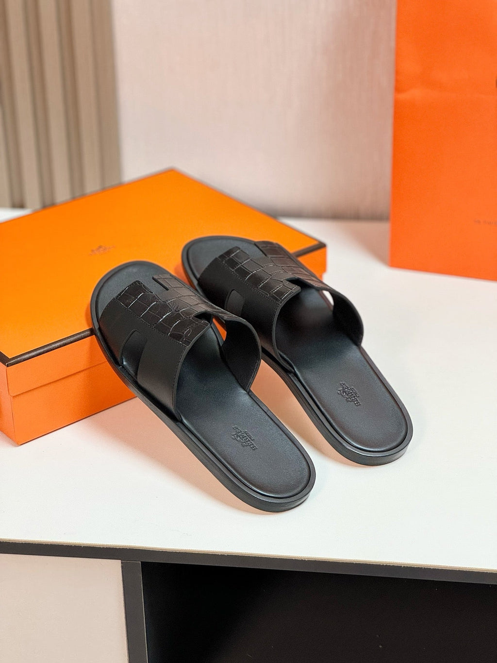 Hermes Izmir Sandal Black Lambskin with Patterns