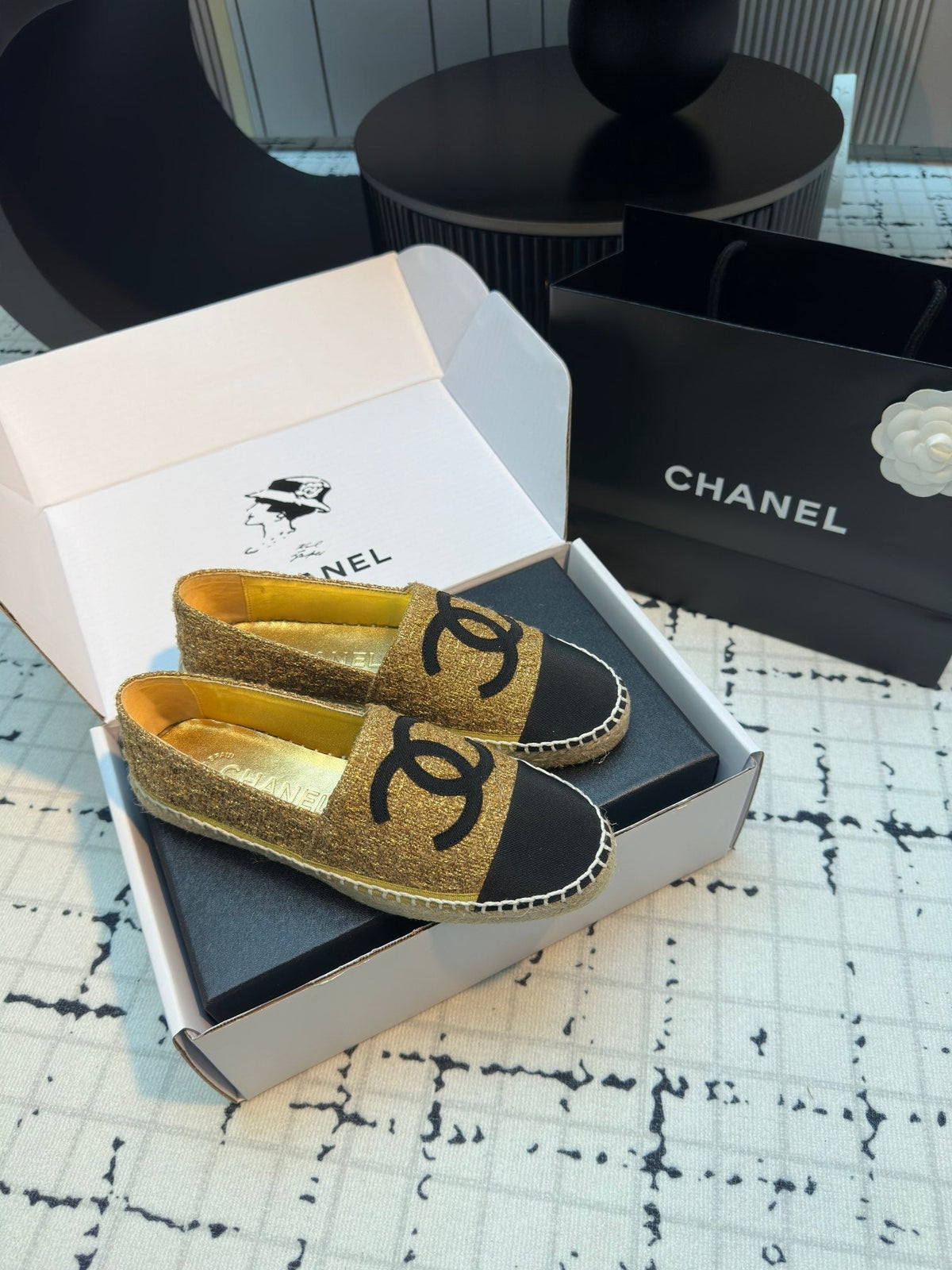 Chanel Espadrilles Loafers in Metalic Gold Tweed and Black Satin