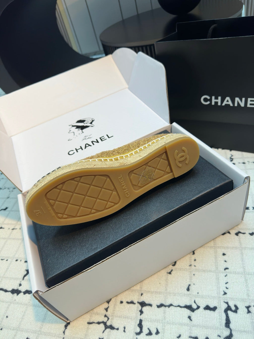 Chanel Espadrilles Loafers in Metalic Gold Tweed and Black Satin