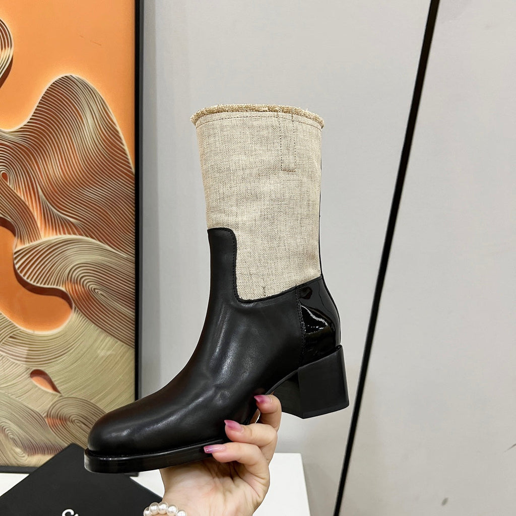 Chanel High Boots 5.5 cm in Black Lambskin and Beige Fabric