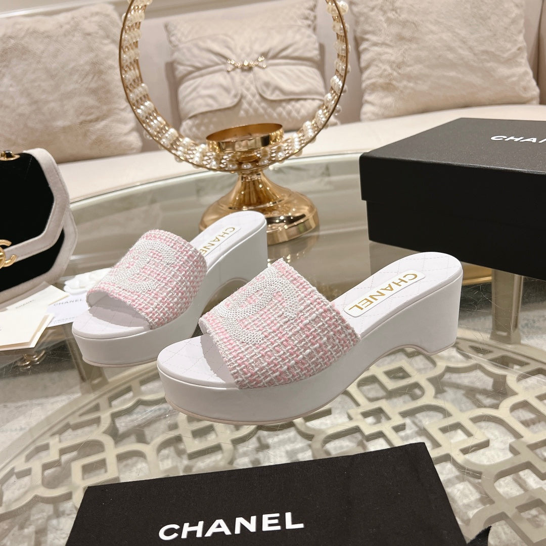 Chanel Wedge Platform in Light Pink Fabric with White Logo