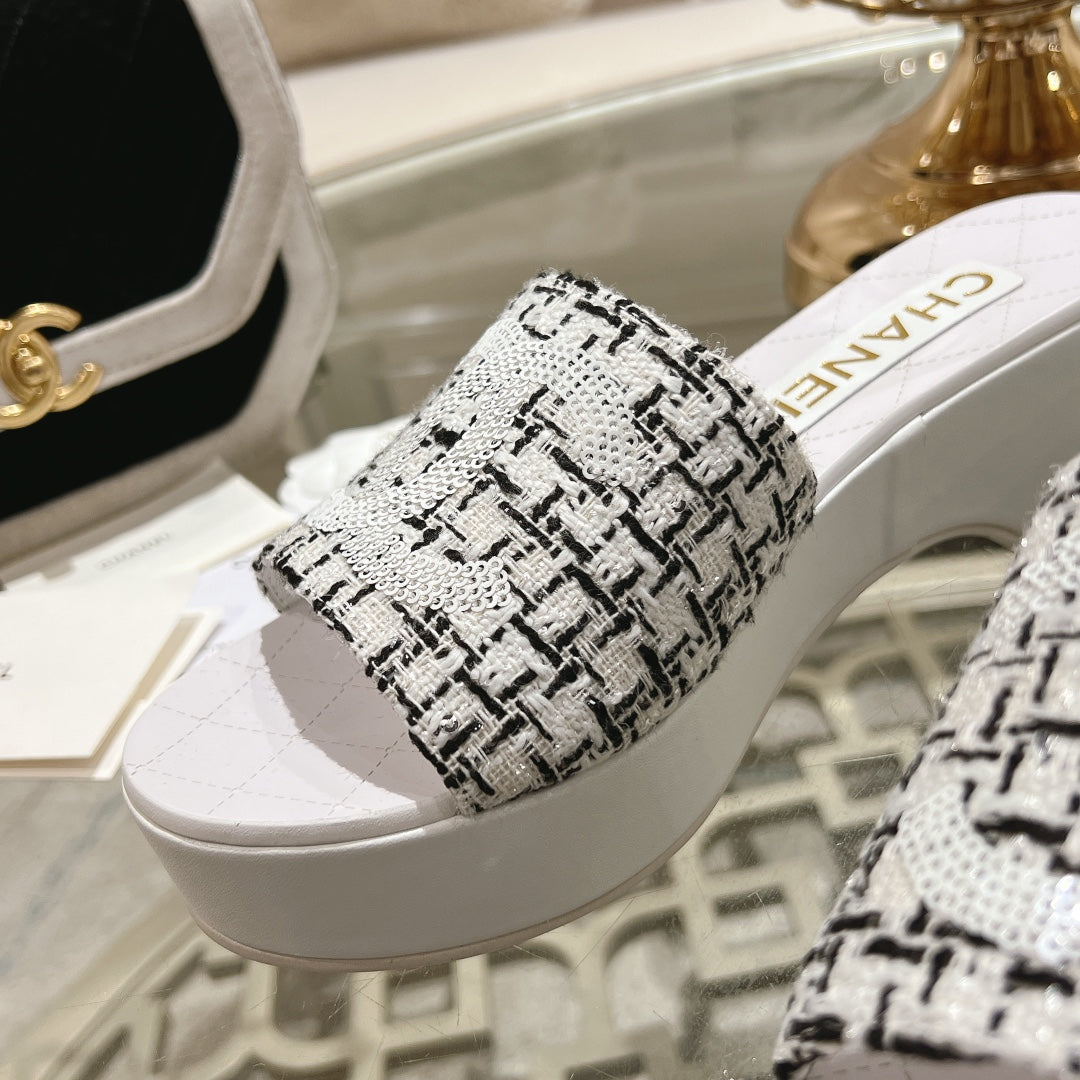 Chanel Wedge Platform in Black Mix White Fabric with Logo