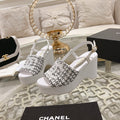 Chanel Wedge Sandals in Black Mix White Fabric with Logo