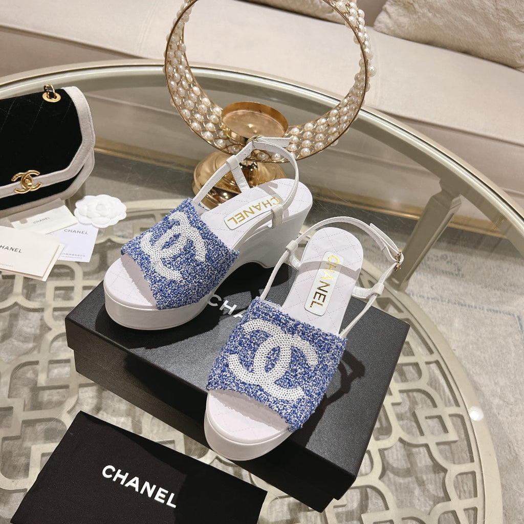 Chanel Wedge Sandals in Sapphire Blue Fabric with White Logo