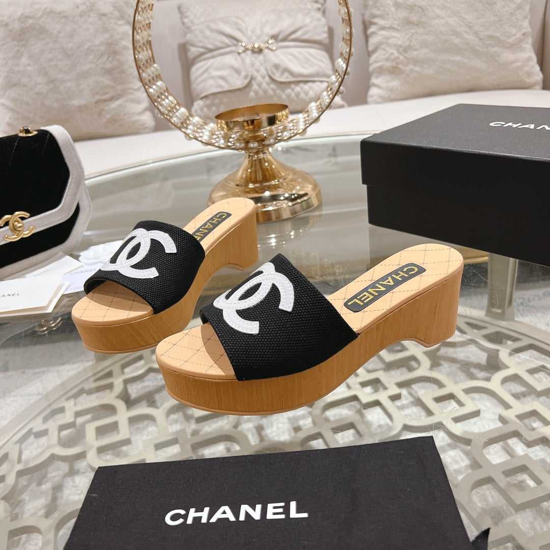 Chanel Wedge Platform in Black Lambskin with White Logo