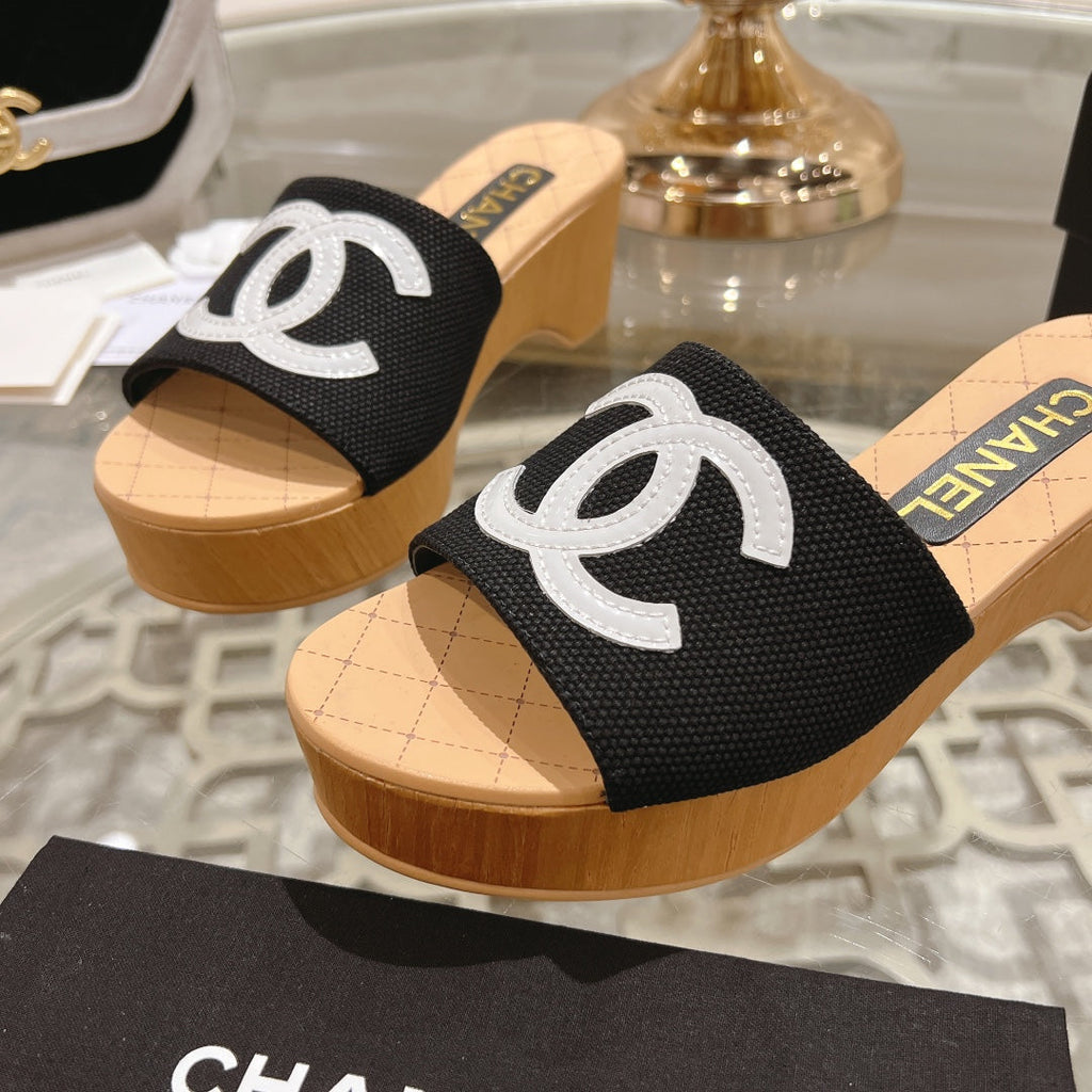 Chanel Wedge Platform in Black Lambskin with White Logo