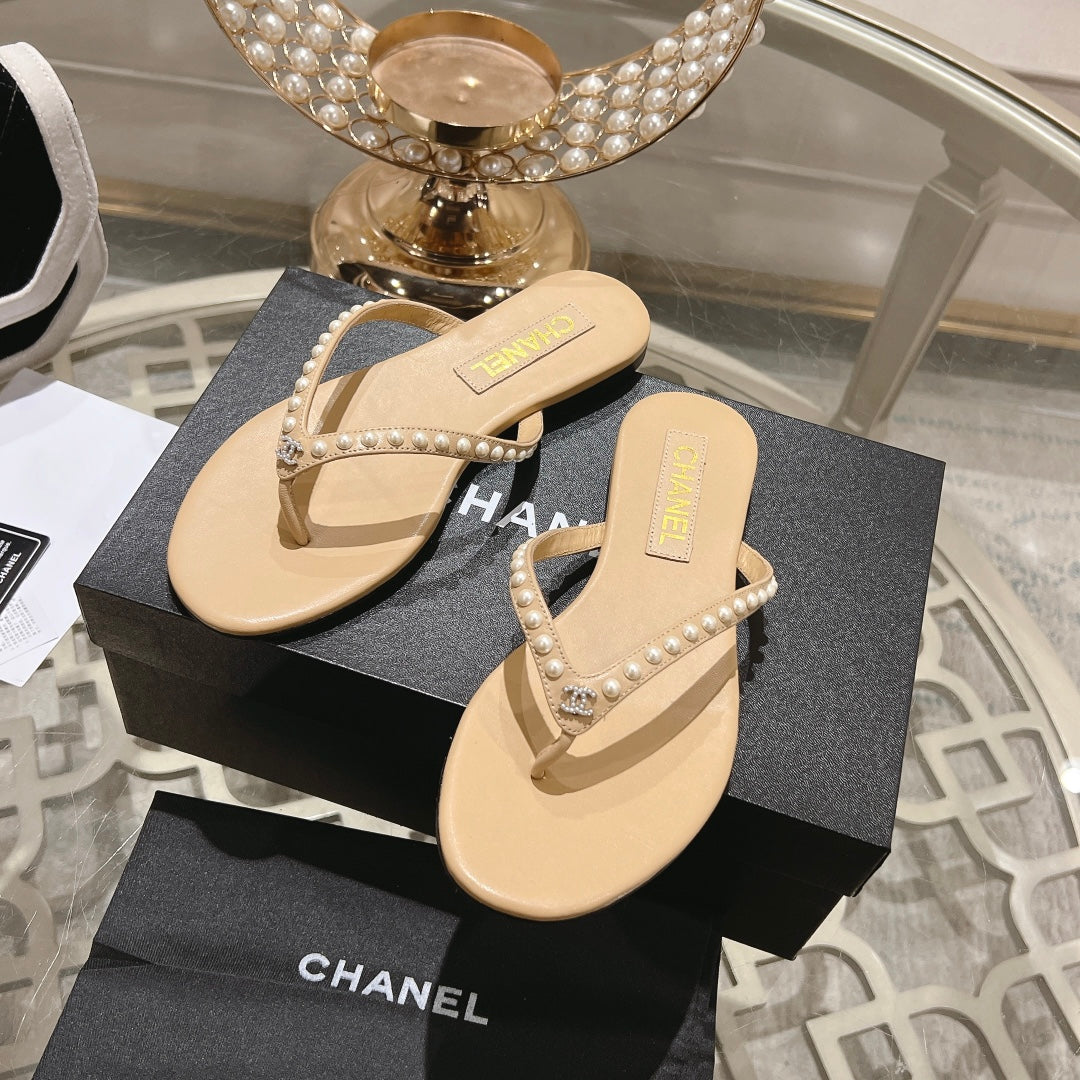 Chanel Pearl Thong Sandal in Sepia Tan Lambskin