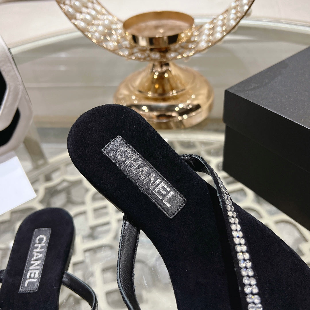 Chanel Rhinestones Thong Sandal in Black Suede