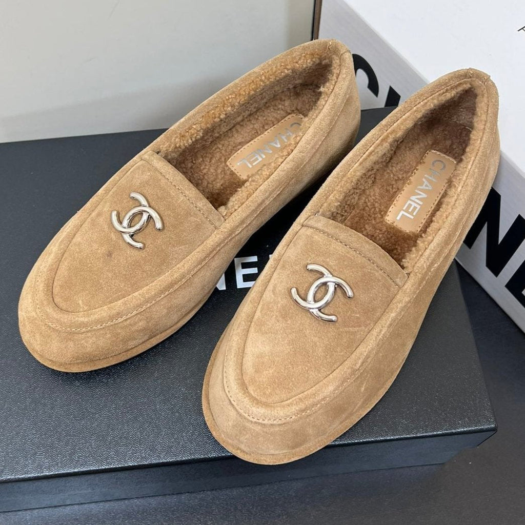 Chanel Loafer in Sepia Tan Suede and Solf Fleece Lining