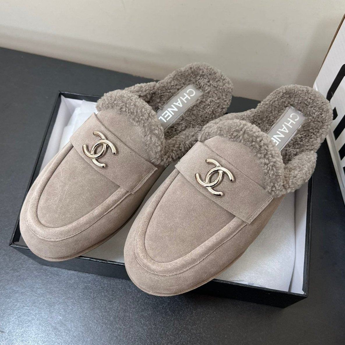 Chanel Loafers Mule in Desert Brown Suede and Fleece Lining