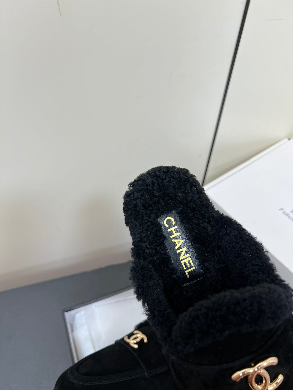 Chanel Loafers Mule in Black Suede and Fleece Lining