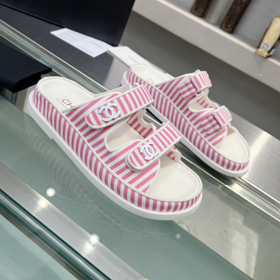 Chanel Stripes Casual Flat Sandals Light Pink White