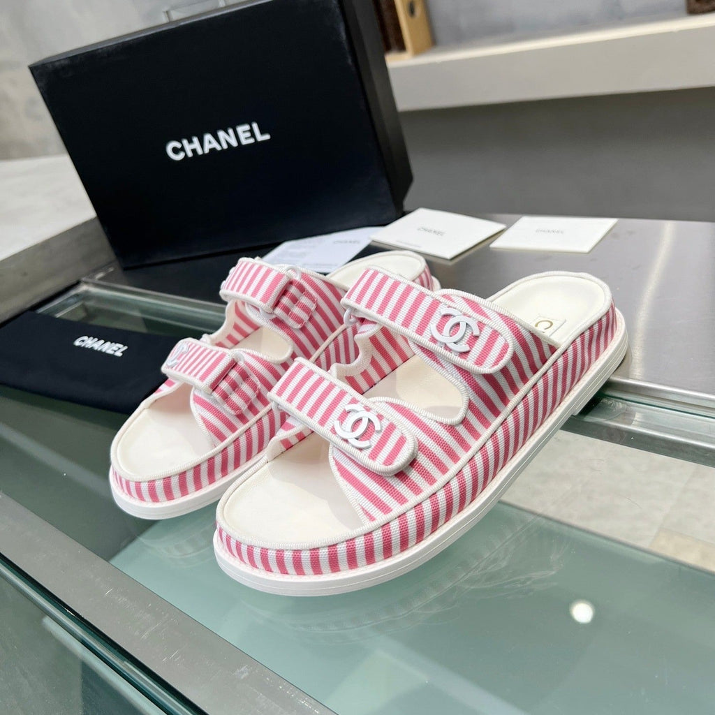 Chanel Stripes Casual Flat Sandals Light Pink White