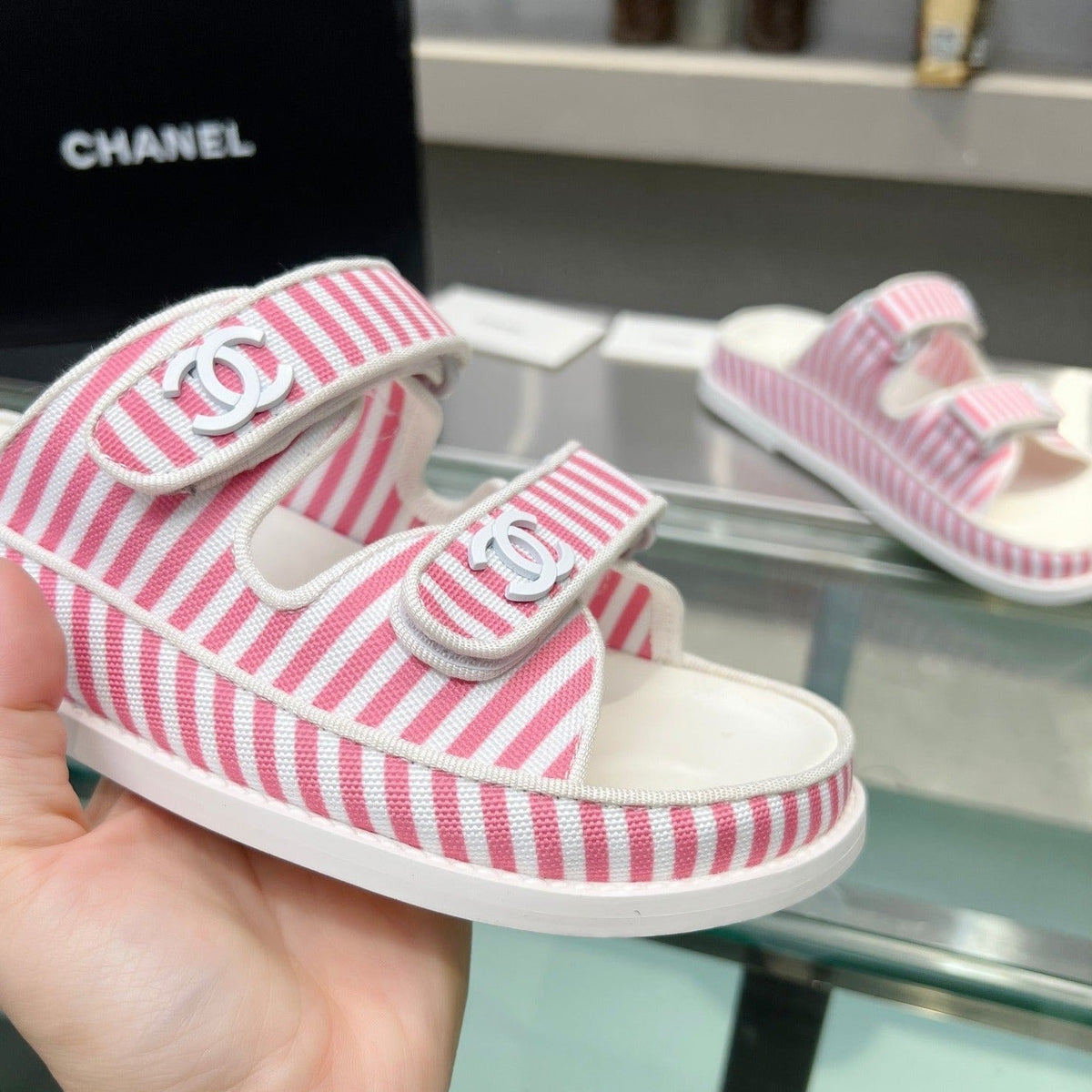 Chanel Stripes Casual Flat Sandals Light Pink White