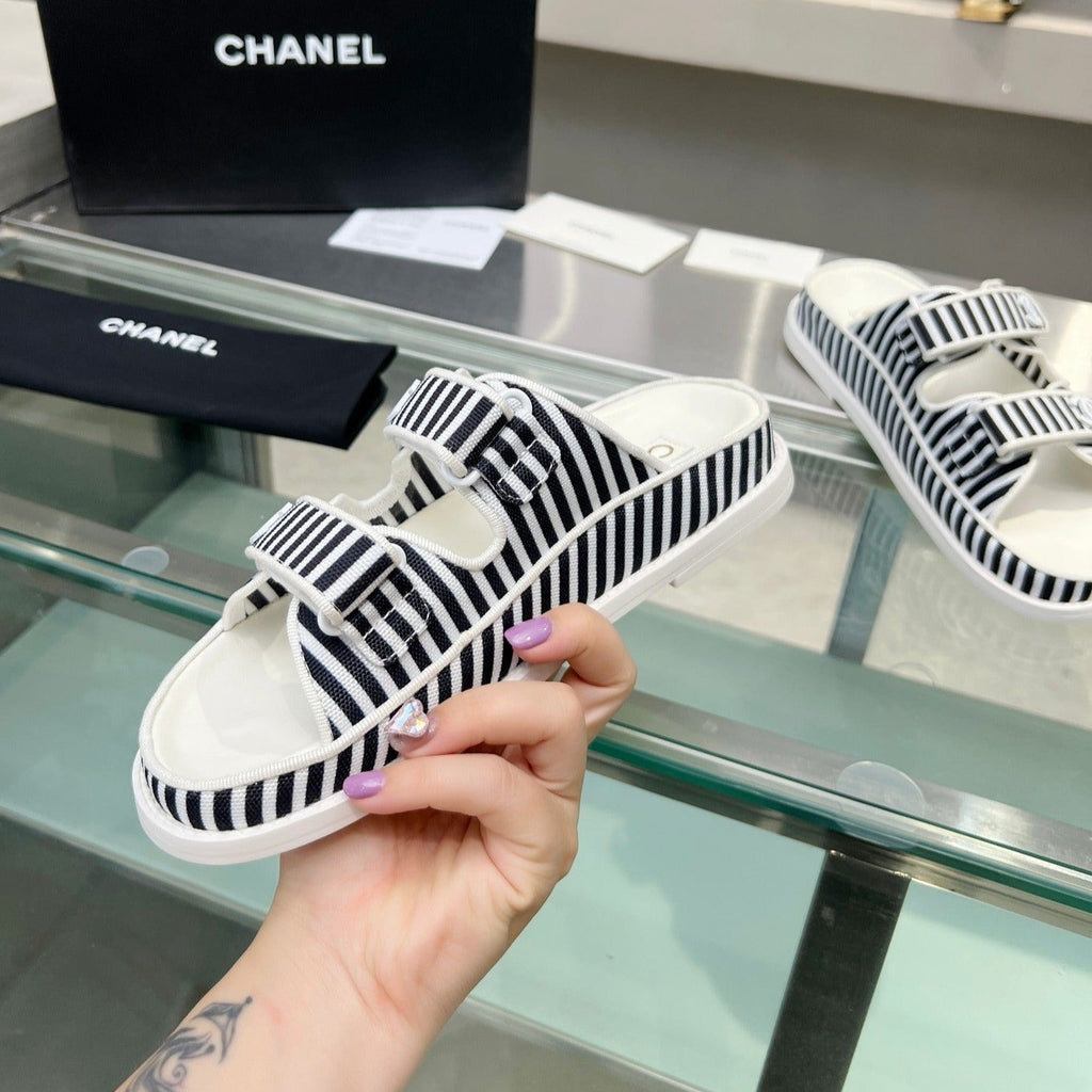 Chanel Women's Stripes Casual Flat Sandals Black White