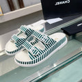 Chanel Stripes Casual Flat Sandals Jade Green White