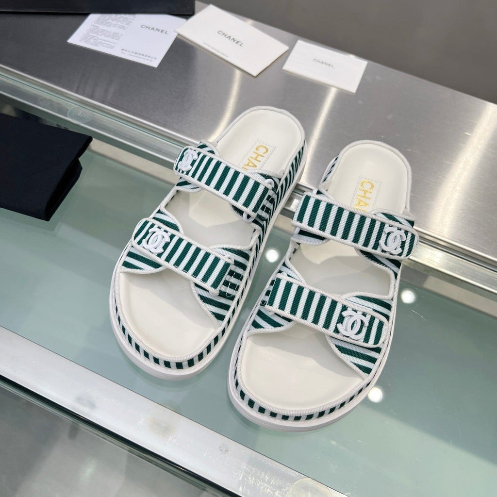 Chanel Stripes Casual Flat Sandals Jade Green White