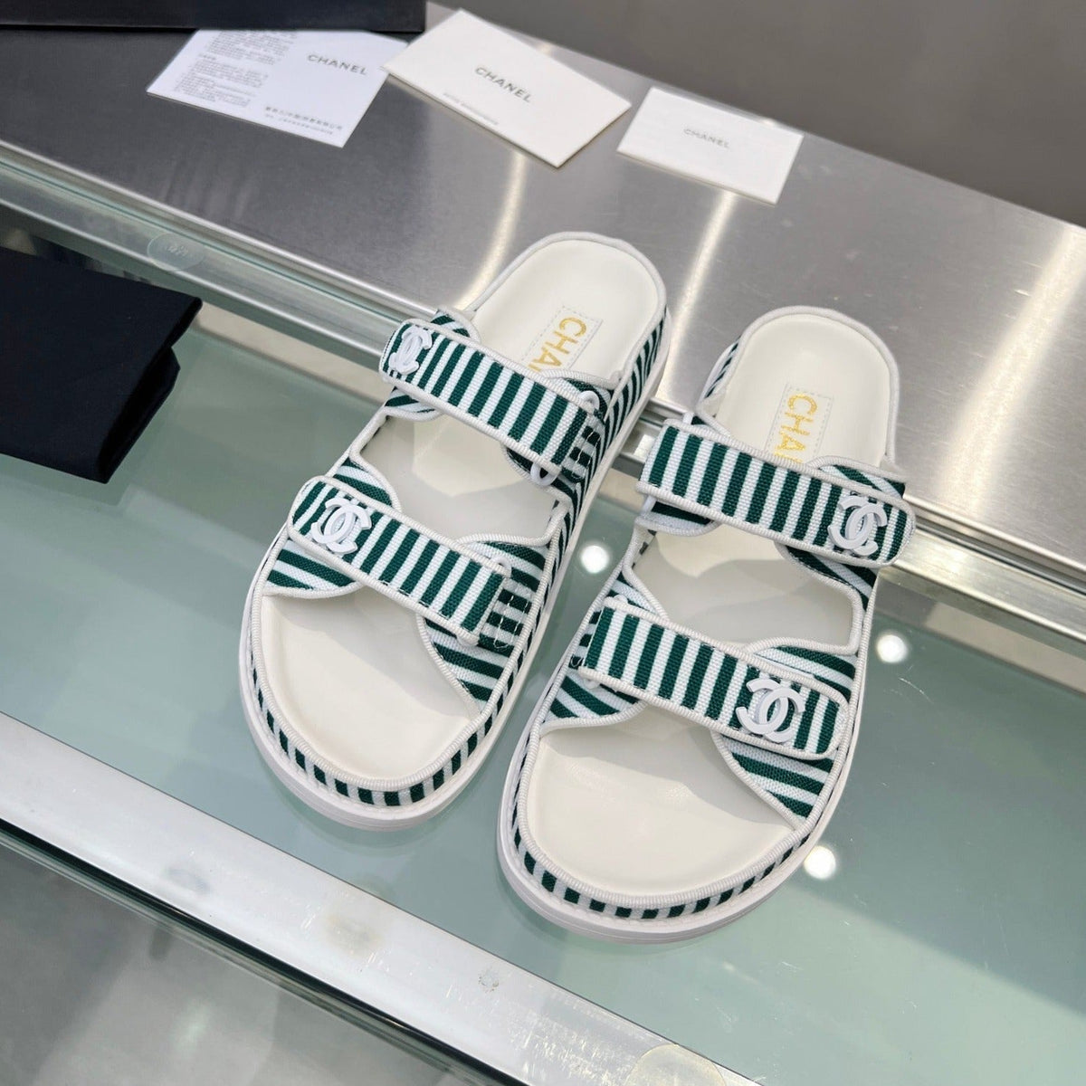 Chanel Stripes Casual Flat Sandals Jade Green White