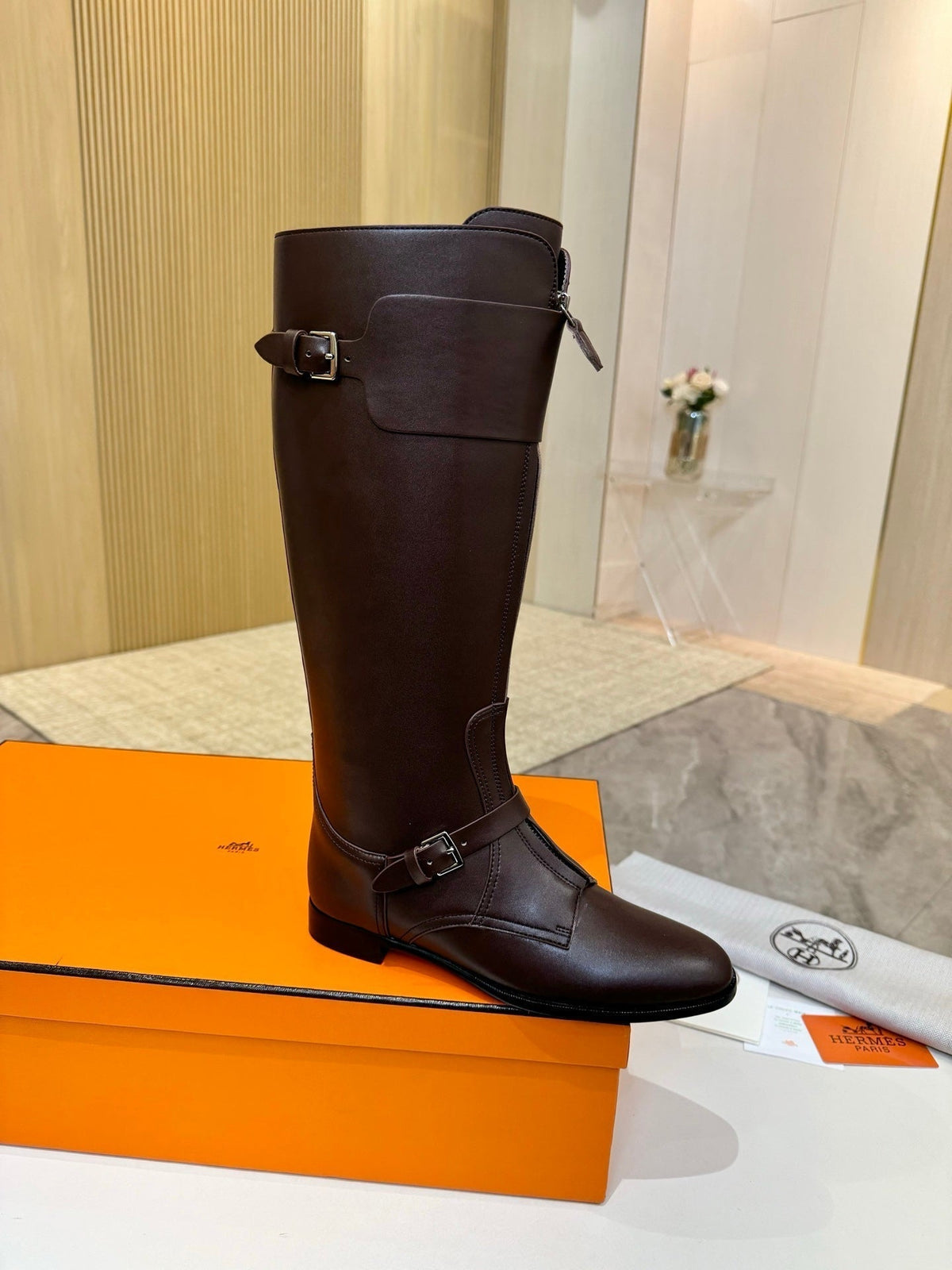 Hermes 25S Riding Boots in Dark Brown Lambskin with Silver Hardware