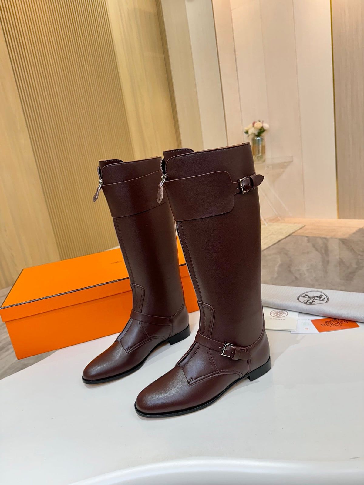 Hermes 25S Riding Boots in Dark Brown Lambskin with Silver Hardware